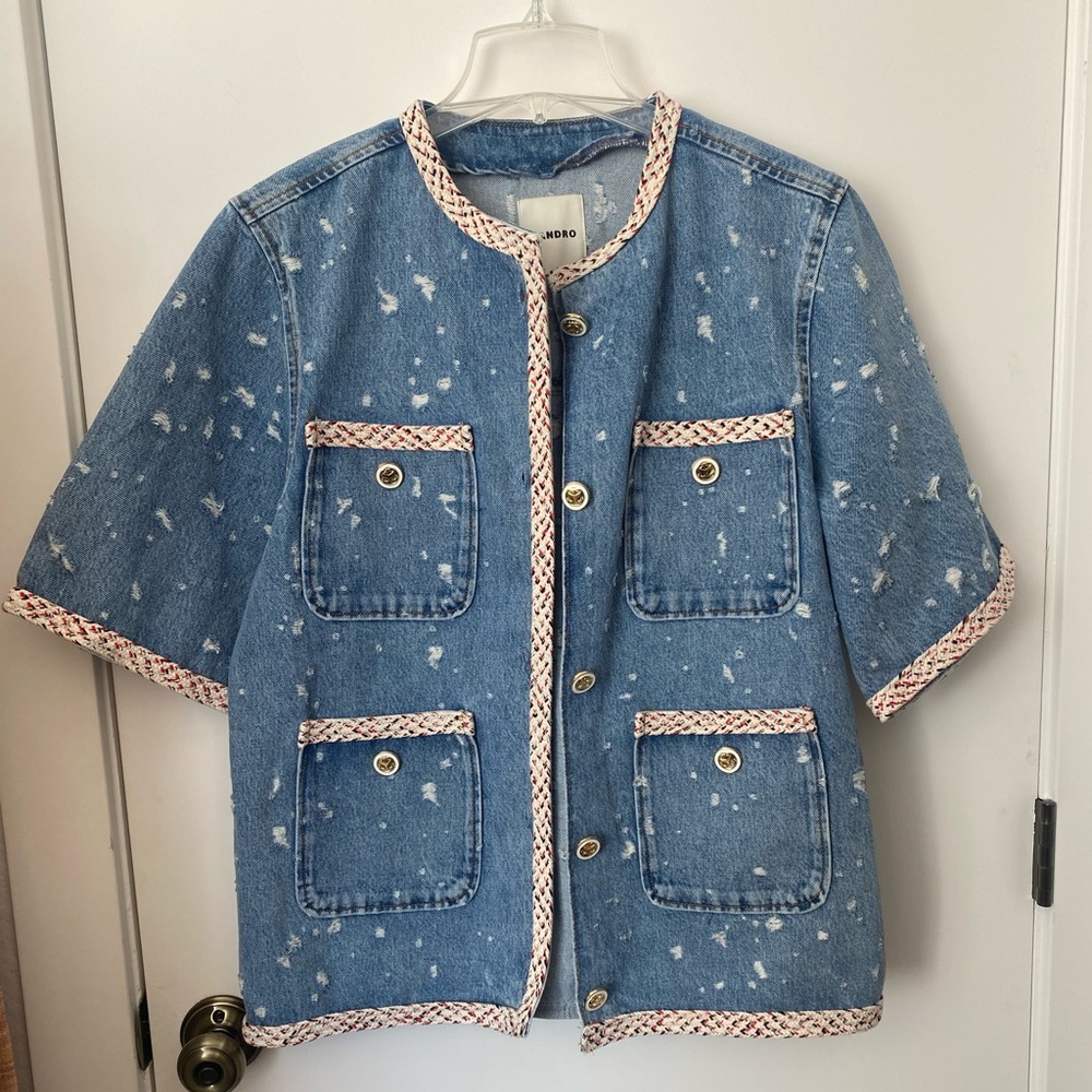 SANDRO Lorette Distressed Short Sleeve Demin Jacket NWT - Picture 3 of 9